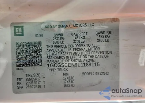 2020 Chevrolet Colorado Lt z USA, uszkodzony, nr VIN 1GCGSCEN9L1189115